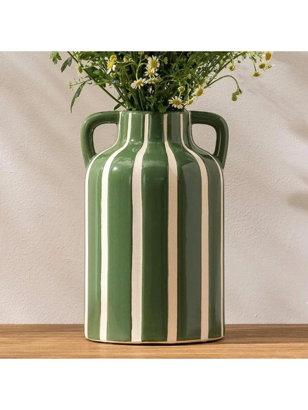 Modern Farmhouse Striped Ceramic Vase with Handles, 9.1